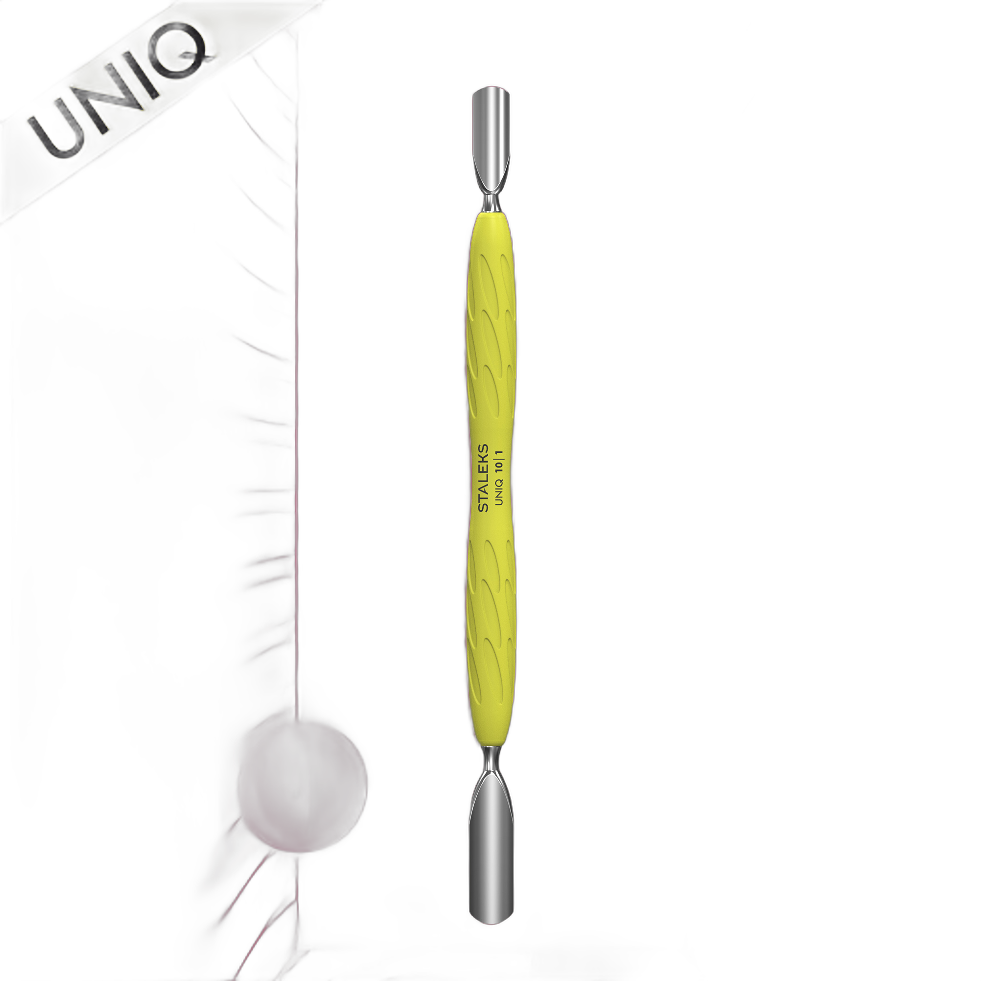Лопатка манікюрна Gummy з жовтою силіконовою ручкою UNIQ 10 TYPE 1 (пушер округлий широкий + пушер округлий вузький)