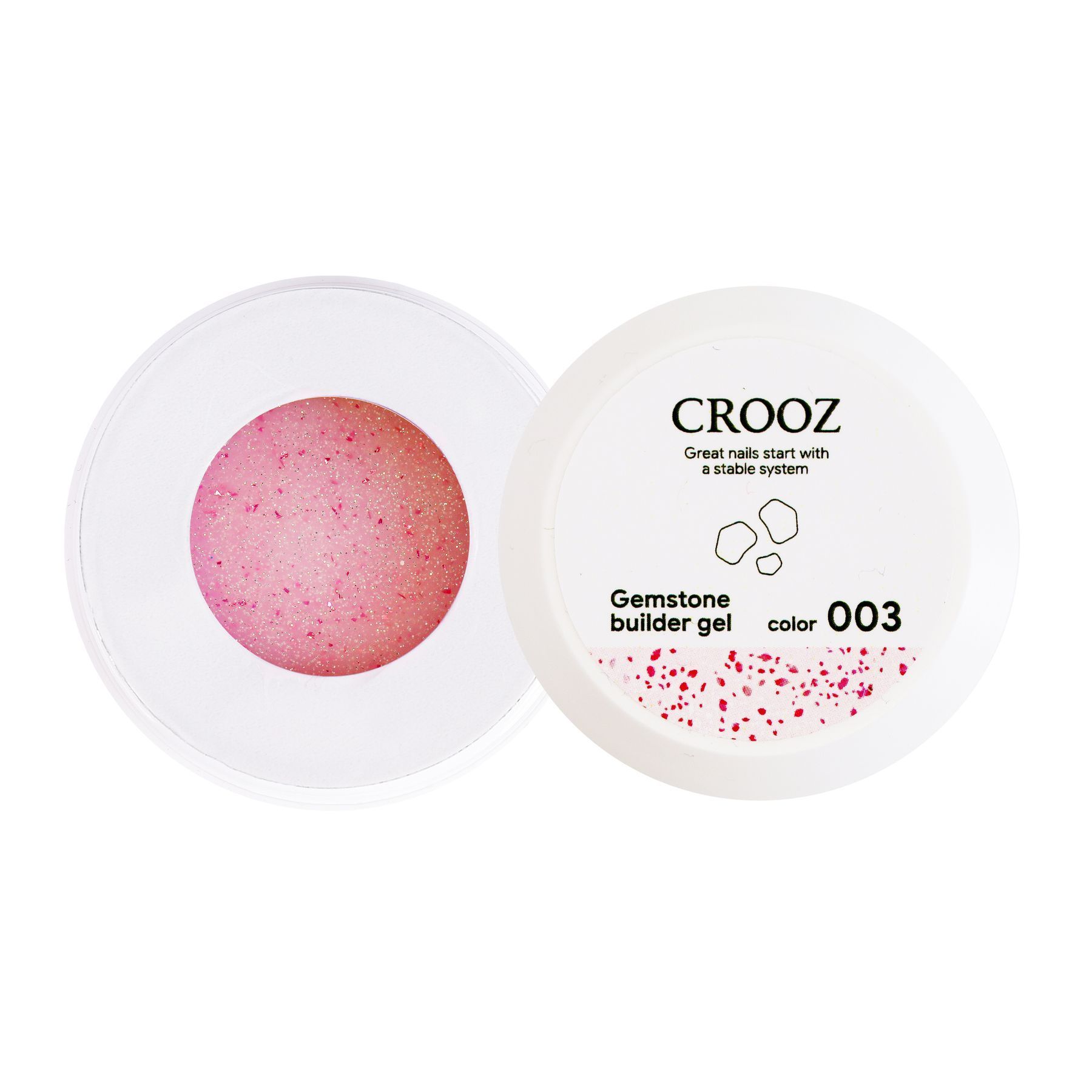 Crooz Гель для нарощування Gemstone Builder gel №03 Світло рожева основа, ближче до рожево-молочної, з мерехтінням та рожевою поталью 15 мл
