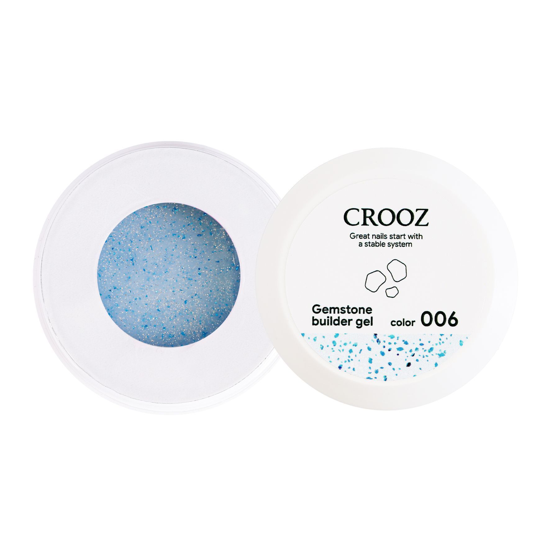 Crooz Гель для нарощування Gemstone Builder gel №06 Молочно-блакитна основа із шиммером та синіми декоративними вкрапленнями - поталлю 15 мл