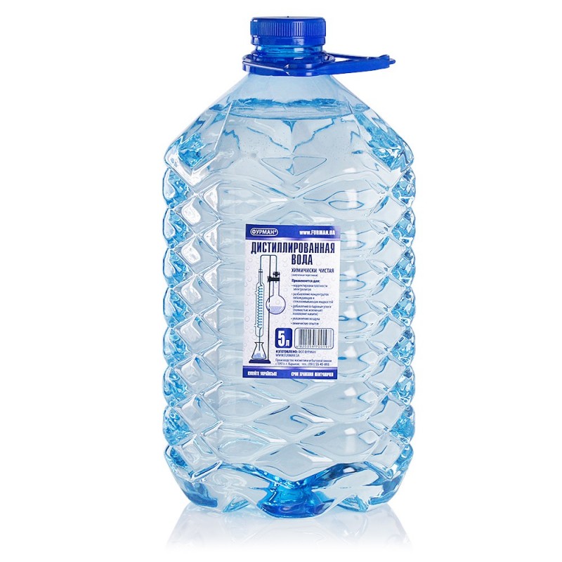 Вода дистильована 5 літрів, жорсткість 0,2, pH 3,1